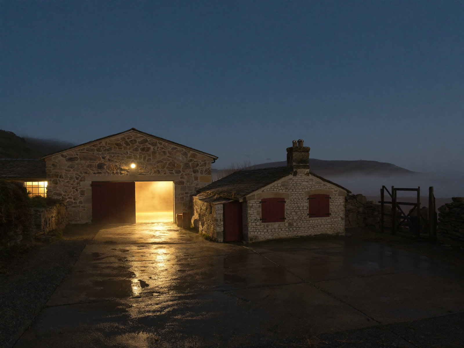 A Cumbrian farmyard at dusk, warm light spilling from the barn doorway