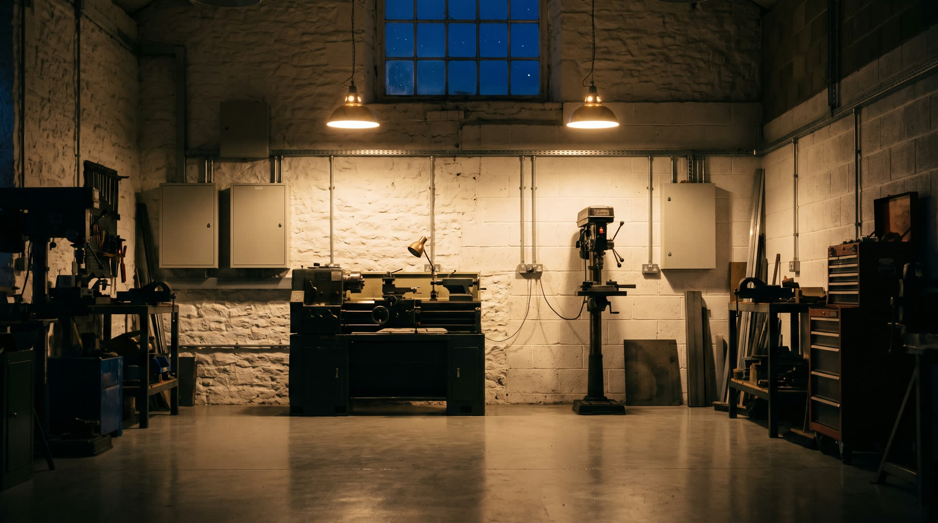 A night workshop, lathe and pillar drill under warm work lights